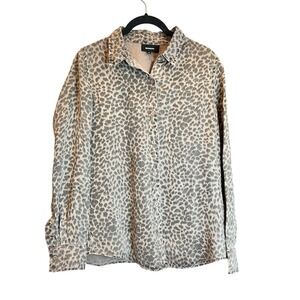Monrow Womens Leopard Long Sleeve Shirt Grey Tan Lyocell Linen Blend Size M